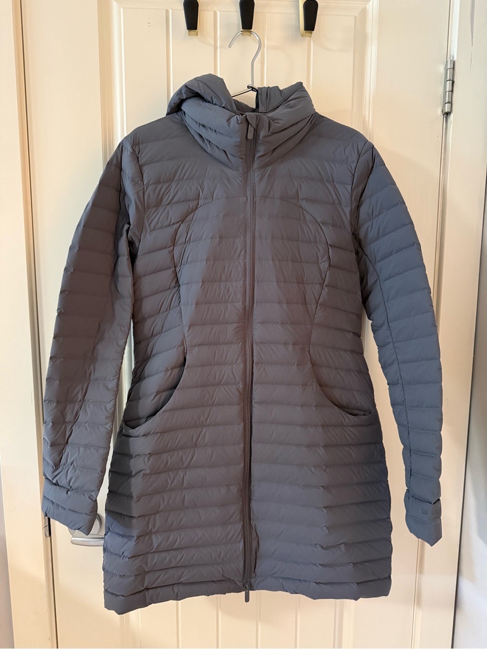 Lululemon Pack it Down Women's Long Quilted Puffer Coat in Slate Gray with Hood